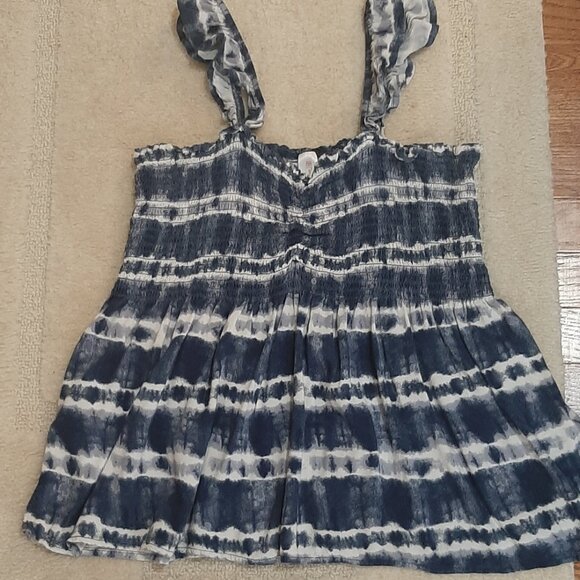 Shirred elastic stretch fit bodice, flowing bottom, Navy Blue print Babydoll top - Picture 1 of 7